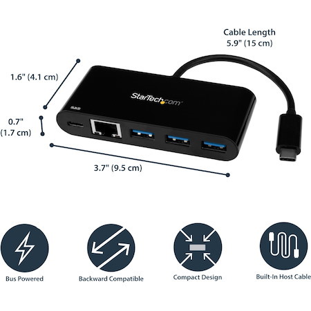 StarTech.com USB-C to Ethernet Adapter with 3-Port USB 3.0 Hub and Power Delivery - USB-C GbE Network Adapter + USB Hub w/ 3 USB-A Ports