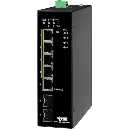 Tripp Lite by Eaton 5-Port Unmanaged Industrial Gigabit Ethernet Switch 10/100/1000 Mbps PoE+ 30W -10Â&deg; to 60Â&deg;C 2 GbE SFP Slots DIN Mount - TAA Compliant