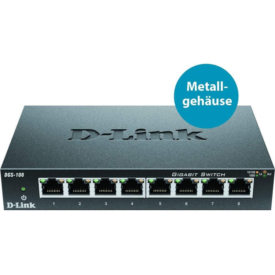 D-Link DGS-108 8 Ports Ethernet Switch - Gigabit Ethernet, Fast Ethernet - 10/100/1000Base-T