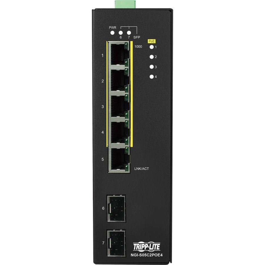 Eaton Tripp Lite Series 5-Port Lite Managed Industrial Gigabit Ethernet Switch - 10/100/1000 Mbps, PoE+ 30W, 2 GbE SFP Slots, -10&deg; to 60&deg;C, DIN Mount, TAA