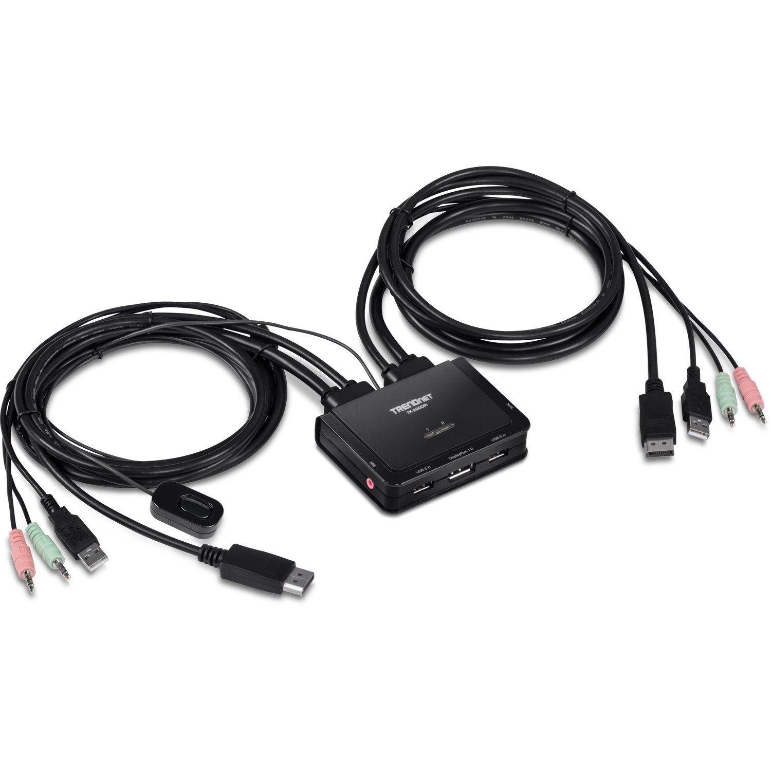 TRENDnet 2-Port 4K DisplayPort 1.2 KVM Switch with Audio, 4K UHD (3840 x 2160@60Hz), 3.5mm Speaker/Microphone, USB 2.0, Integrated Cables, Black, TK-220DPI