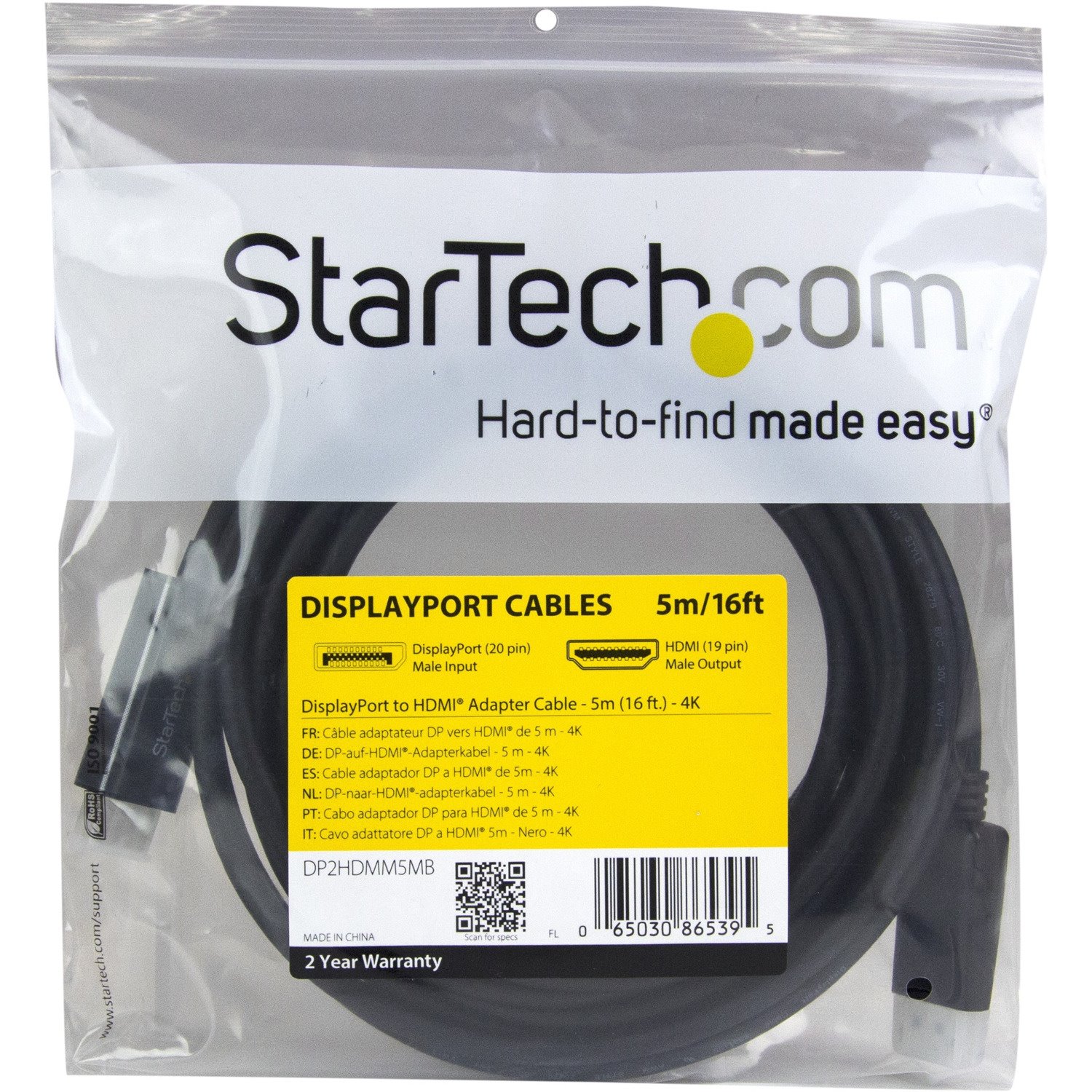 StarTech.com 16ft (5m) DisplayPort to HDMI Cable, 4K 30Hz Video, DP 1.2 to HDMI Adapter Cable Converter for HDMI Monitor/Display, Passive