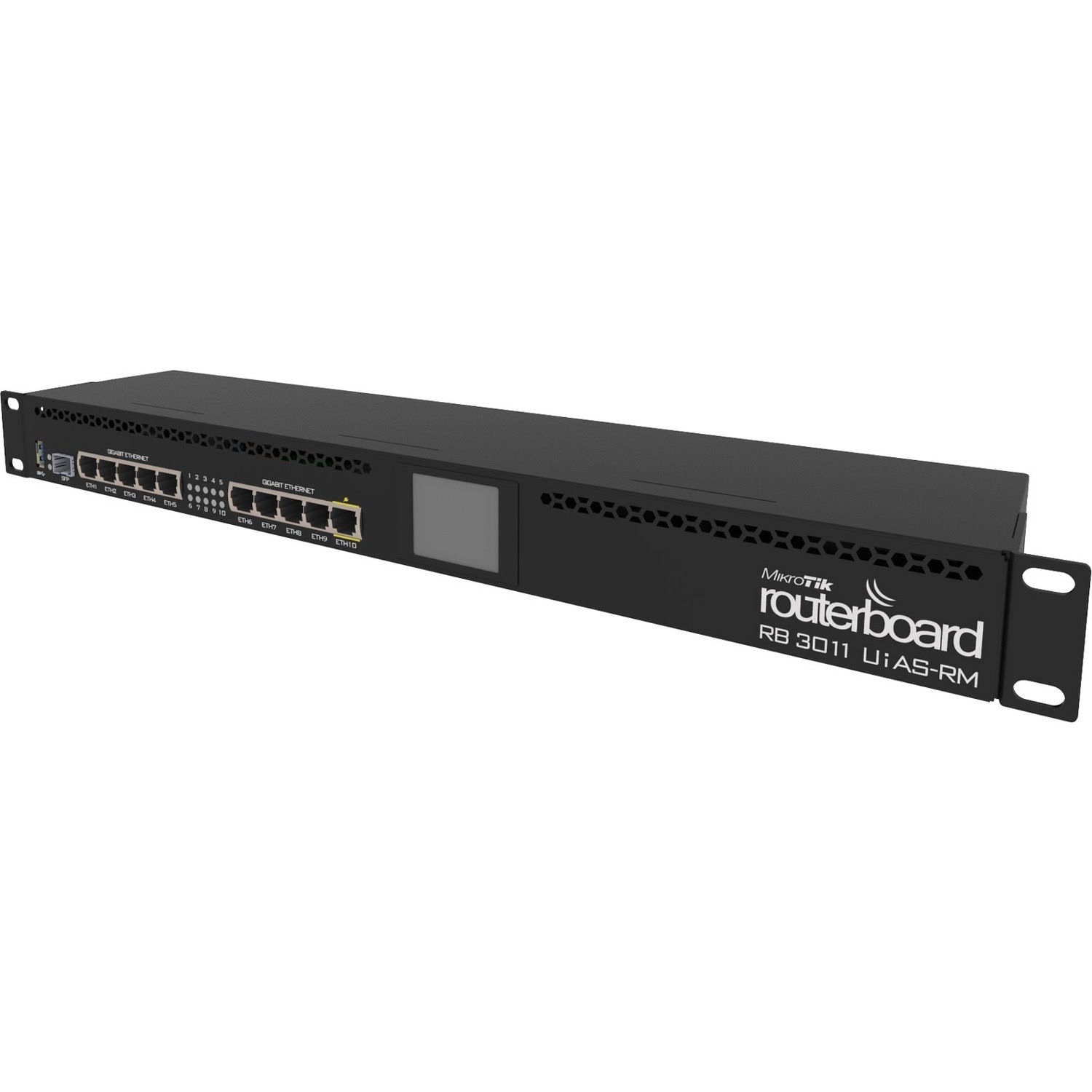 MikroTik (RB3011UiAS-RM) 1U rackmount; 10xGigabit Ethernet, SFP, USB 3.0, LCD, PoE out on port 10, 2x1.4GHz CPU, 1GB RAM, RouterOS L5