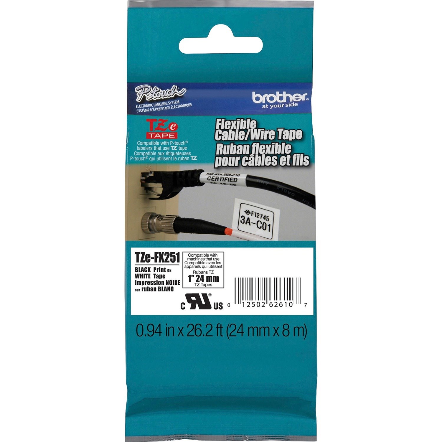 Brother 1" Black on White Flexible ID Tape