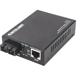 Intellinet Gigabit PoE+ Media Converter, 1000Base-T RJ45 Port to 1000Base-LX (SC) Single-Mode, 20 km (12.4 mi.), PoE+ Injector (With 2 Pin Euro Power Adapter)