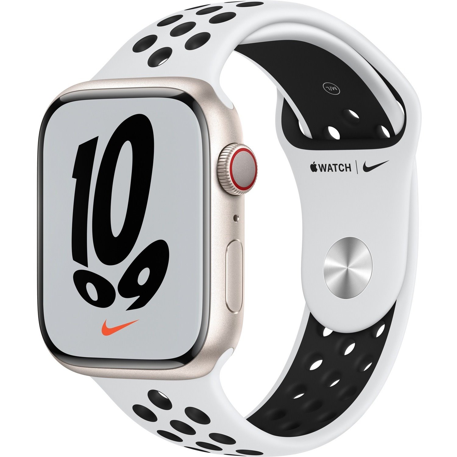 Apple Watch Series 7 Nike Smart Watch - 45 mm Case Height - 38 mm Case Width - Starlight Case Color - Pure Platinum, Black Band Color - Glass Body Material - Aluminium Case Material - Fluoroelastomer Band Material - Wireless LAN - LTE, UMTS