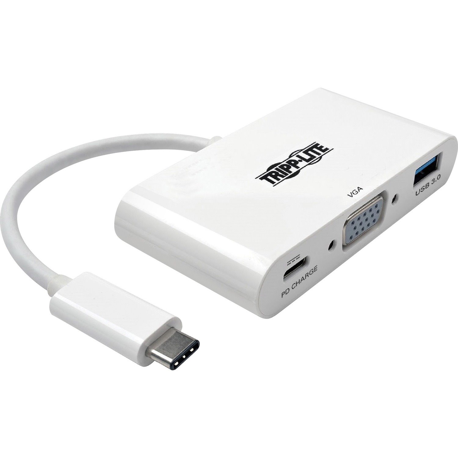 Eaton Tripp Lite Series USB-C to VGA Adapter with USB 3.x (5Gbps) Hub Ports and 60W PD Charging, White