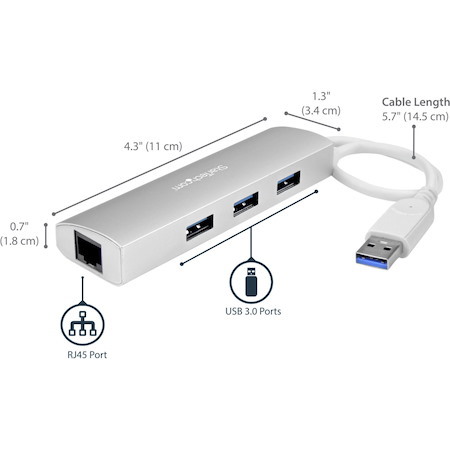 StarTech.com 3-Port USB Hub with Ethernet, USB-A Ports, Gigabit Ethernet/GbE, USB 5Gbps, Bus-Powered, Portable Laptop USB 3.0 Hub