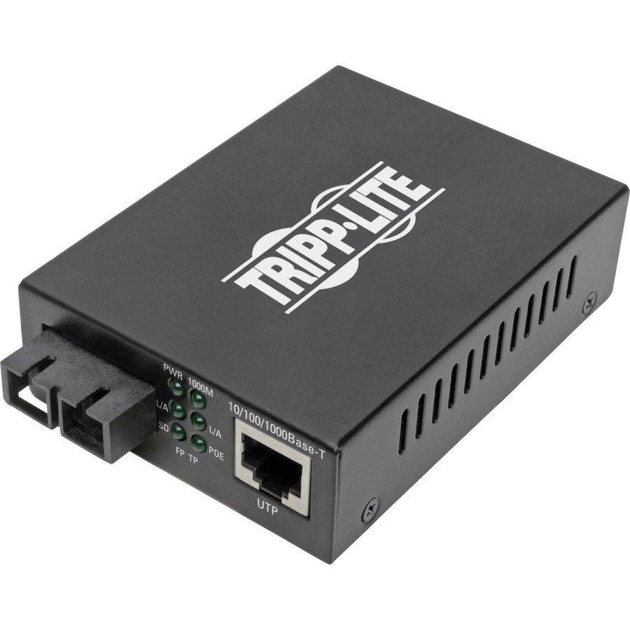 Tripp Lite Gigabit Multimode Fiber to Ethernet Media Converter, POE+, International Power Cables, 10/100/1000 SC, 1310 nm, 2 km (1.2 mi.)
