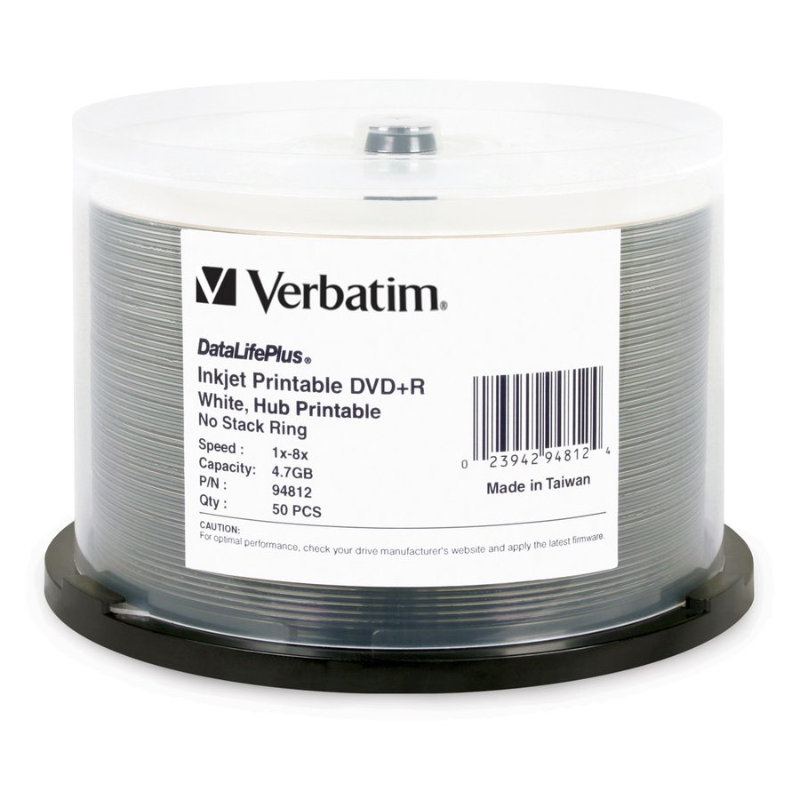 Verbatim DVD+R 4.7GB 8X DataLifePlus White Inkjet Printable, Hub Printable - 50pk Spindle