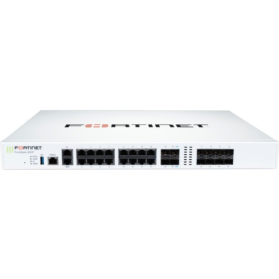 Fortinet FortiGate FG-201F Network Security/Firewall Appliance - 8 x GE RJ45 (including 1 x MGMT port, 1 X HA port, 16 x switch ports), 8 x GE SFP slots, 4 x 10GE SFP+ slots, NP6XLite and CP9 hardware accelerated, 480GB onboard SSD storage.