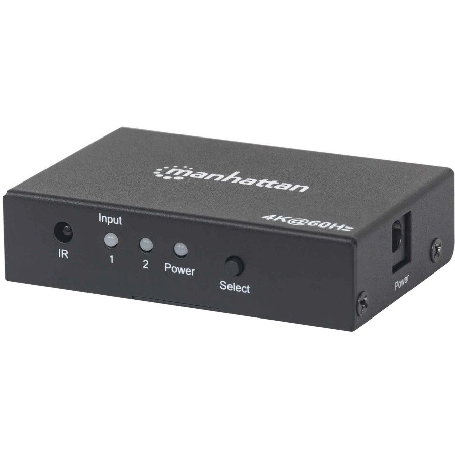 Manhattan HDMI Switch 2-Port, 4K@60Hz, Connects x2 HDMI sources to x1 display, Remote Control and Automatic and Manual Switching (via button), AC Powered (cable 1.2m), Black, Three Year Warranty, Blister (With Euro 2-pin plug)