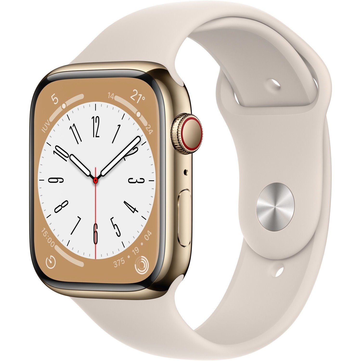 Apple Watch Series 8 Smart Watch - 45 mm Case Height - 38 mm Case Width - Gold Case Color - Starlight Band Color - Stainless Steel Case Material - Fluoroelastomer Band Material - Wireless LAN - LTE, UMTS