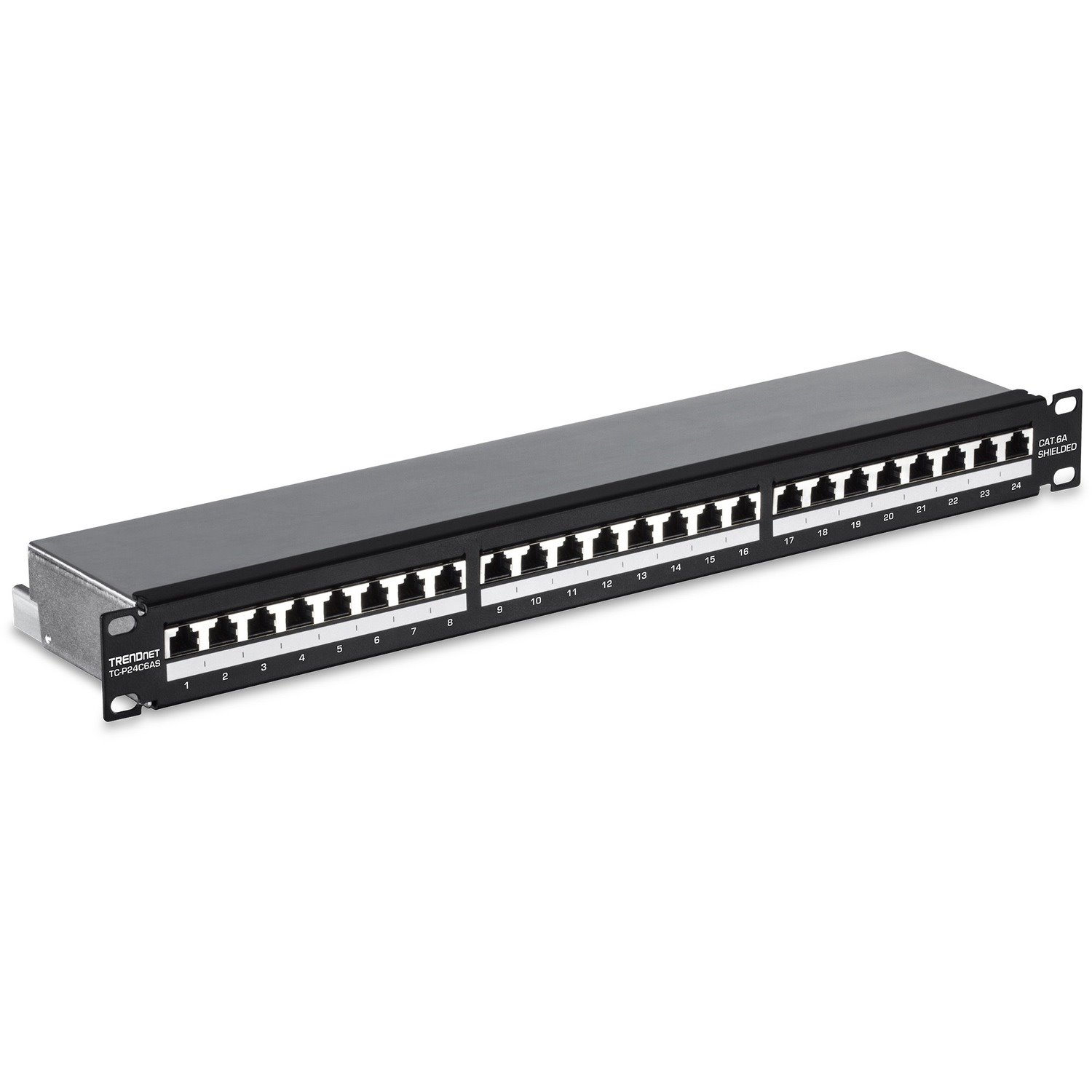 TRENDnet 24-Port Cat6A Shielded Patch Panel, 1U 19" Metal Housing, 10G Ready, Cat5e,Cat6,Cat6A Compatible, Cable Management, Color-Coded Labeling for T568A and T568B Wiring, Black, TC-P24C6AS