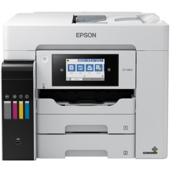 Epson ET-5850 Inkjet Multifunction Printer-Color-Copier/Fax/Scanner-4800x1200 dpi Print-Automatic Duplex Print-66000 Pages-550 sheets Input-1200 dpi Optical Scan-Color Fax-Wireless LAN-Epson Connect-Epson Email Print-Epson iPrint-Mopria