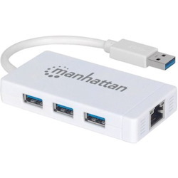 Manhattan USB-A 3-Port Hub with Gigabit Ethernet Adapter, 3x USB-A Ports, 5 Gbps (USB 3.2 Gen1 aka USB 3.0), 1x Ethernet 10/100/1000Mbps network, ST3300GU3B, RJ45, SuperSpeed USB, White, Three Year Warranty, Blister