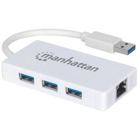 Manhattan USB-A 3-Port Hub with Gigabit Ethernet Adapter, 3x USB-A Ports, 5 Gbps (USB 3.2 Gen1 aka USB 3.0), 1x Ethernet 10/100/1000Mbps network, ST3300GU3B, RJ45, SuperSpeed USB, White, Three Year Warranty, Blister