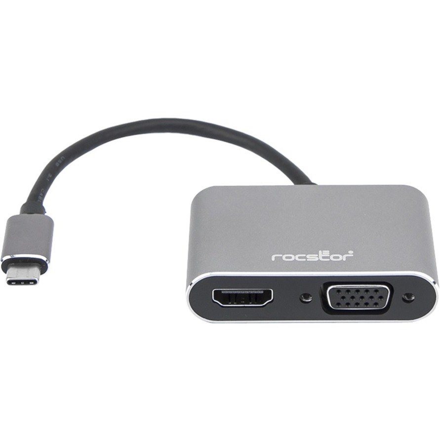 Rocstor Premium USB-C to HDMI & VGA Dual Port Adapter - HDMI 4K @30Hz, VGA 1080p - USB Type- C to 1x HDMI & 1x VGA - 2-Port Adapter - for Mac and Windows - 4Kx2K 30Hz HDMI Resolutions up to 3840x2160, VGA Resolutions up to 1920x1080 @ 60Hz 1080p- for MacBook Pro, Notebook/Desktop PC - ALUMINUM ADAPTER USB-C to HDMI & VGA WINDOWS AND MAC