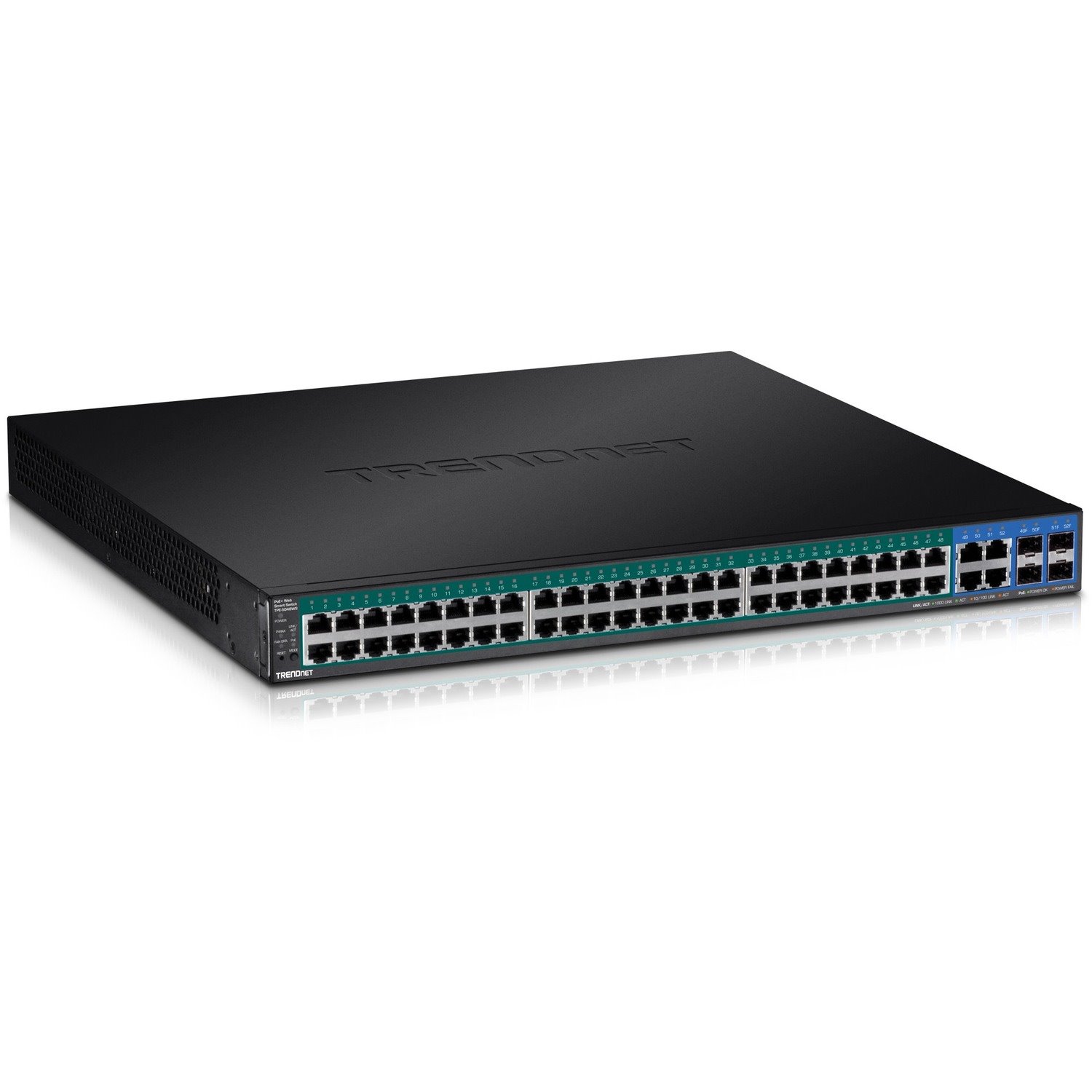 TRENDnet 52-Port Web Smart PoE+ Switch; 48 x Gigabit PoE+ Ports; 4 x Shared Gigabit Ports (RJ-45 or SFP); VLAN; QoS; LACP; IPv6 Support; 740W PoE Power Budget; Lifetime Protection; TPE-5048WS