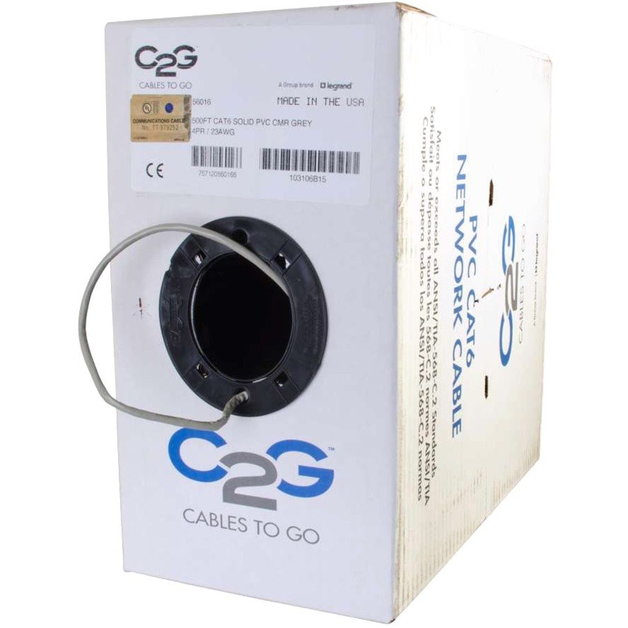 C2G 500ft Cat6 Bulk Ethernet Network Cable-Solid UTP-Riser CMR Gray TAA