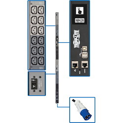 Tripp Lite by Eaton 18.7kW 200-240V 3PH Monitored PDU - LX Interface, Gigabit, 36 C13 Outlets, IEC 309 60A Blue Input, LCD, 1.8 m Cord, 0U 1.8 m Height, TAA