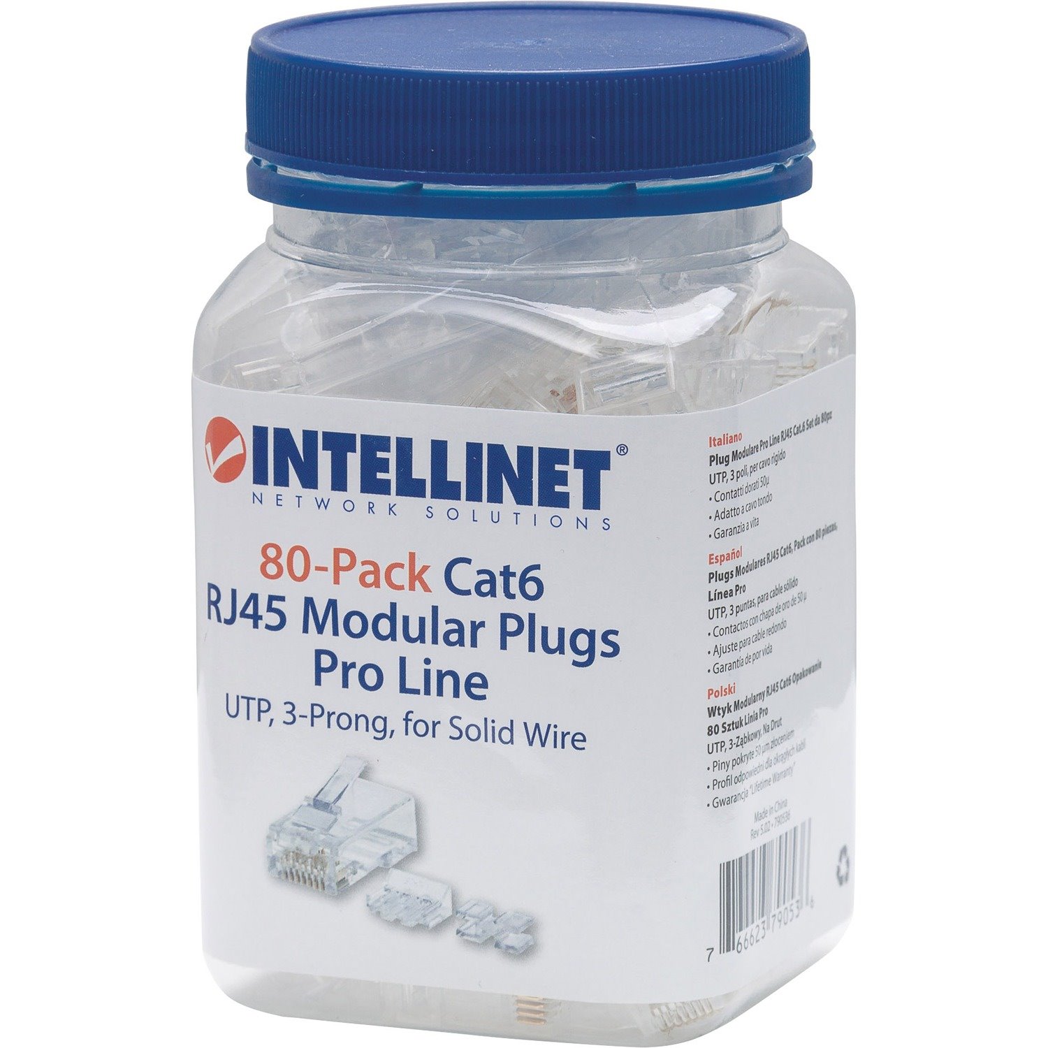 Intellinet Network Solutions Cat6 RJ45 Modular Plugs, 3-Prong, UTP, For Solid Wire, 80 Plugs, Liners and Sleds in Jar