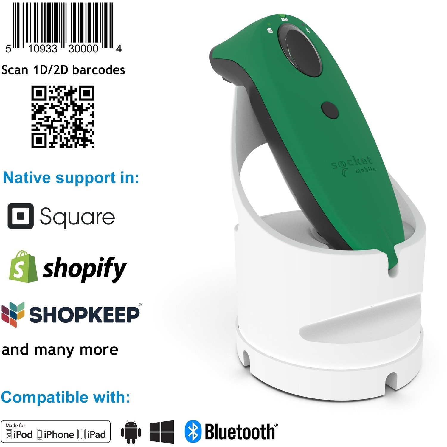 Socket Mobile SocketScan S740 Handheld Barcode Scanner - Wireless Connectivity - Green, White
