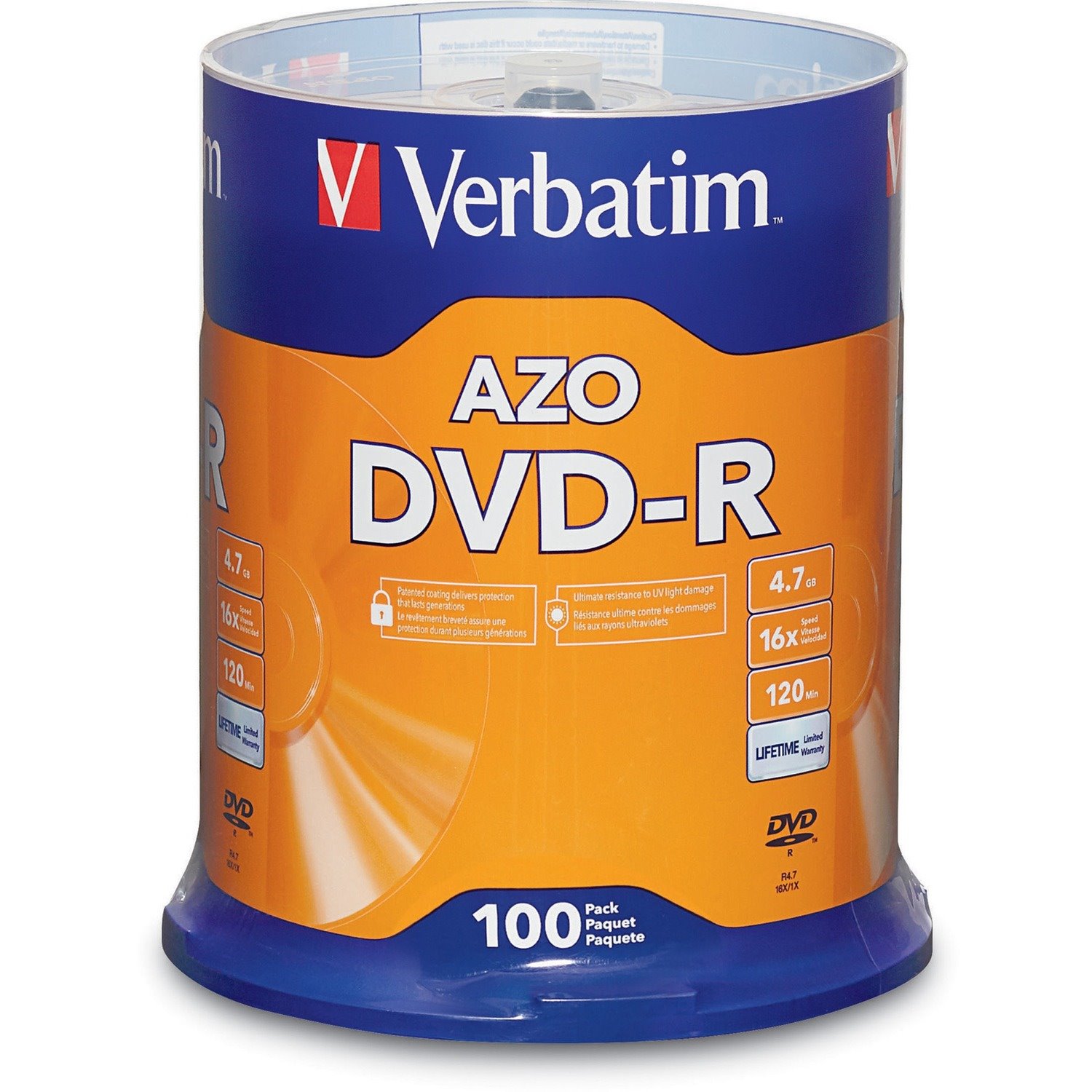 Verbatim 95102 DVD Recordable Media - DVD-R - 16x - 4.70 GB - 100 Pack Spindle - Silver