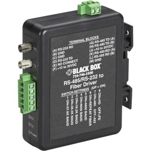 Black Box Industrial DIN Rail RS-232/RS-422/RS-485 to Fiber Driver