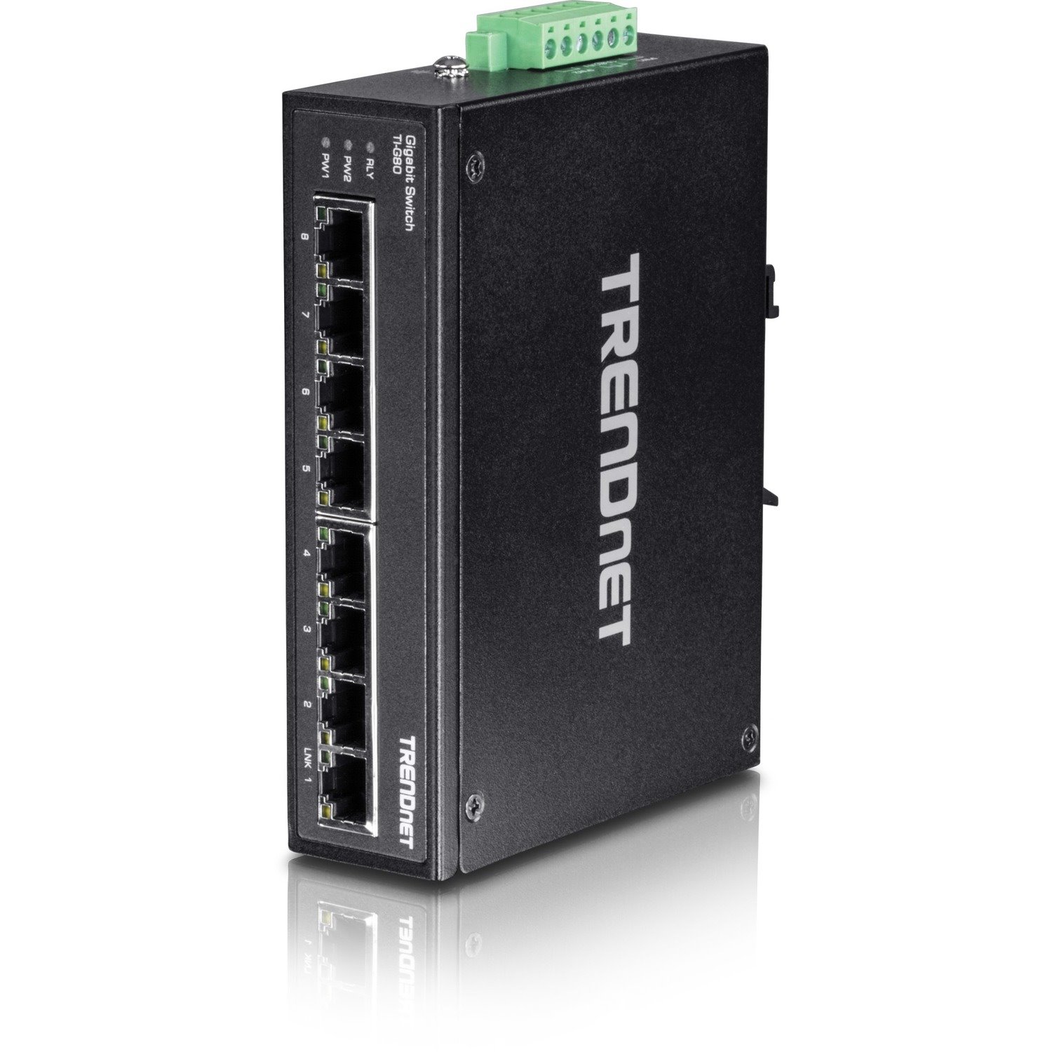 TRENDnet 8-Port Hardened Industrial Gigabit DIN-Rail Switch, 16 Gbps Switching Capacity, IP30 Rated Metal Housing (-40 to 167 ?F), DIN-Rail & Wall Mounts Included, Lifetime Protection, Black, TI-G80
