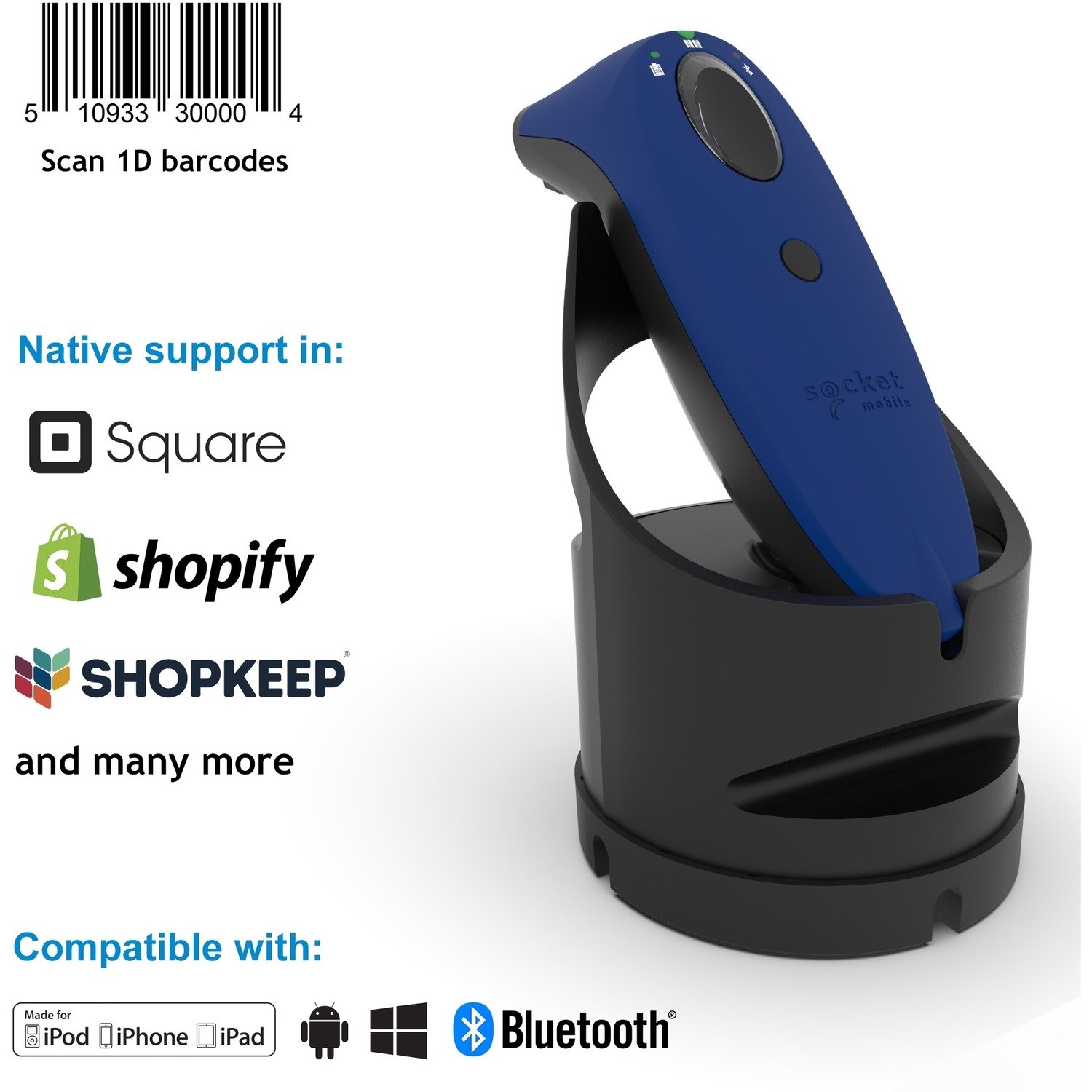 Socket Mobile SocketScan&reg; S730, Laser Barcode Scanner, Blue & Black Charging Dock