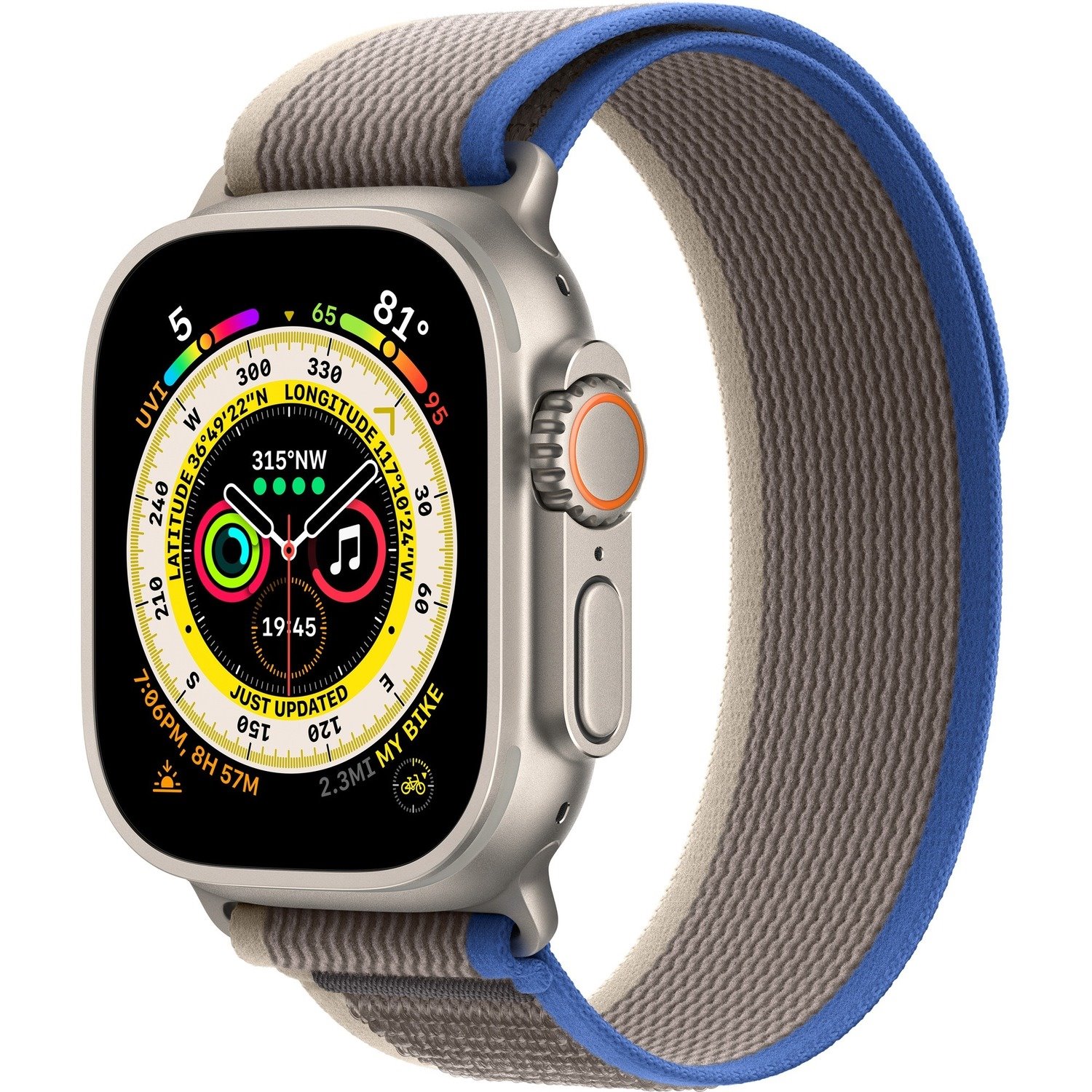 Apple Watch Ultra Smart Watch - 49 mm Case Height - 44 mm Case Width - Titanium Case Color - Blue, Grey Band Color - Titanium Case Material - Nylon Band Material - Wireless LAN - LTE, UMTS