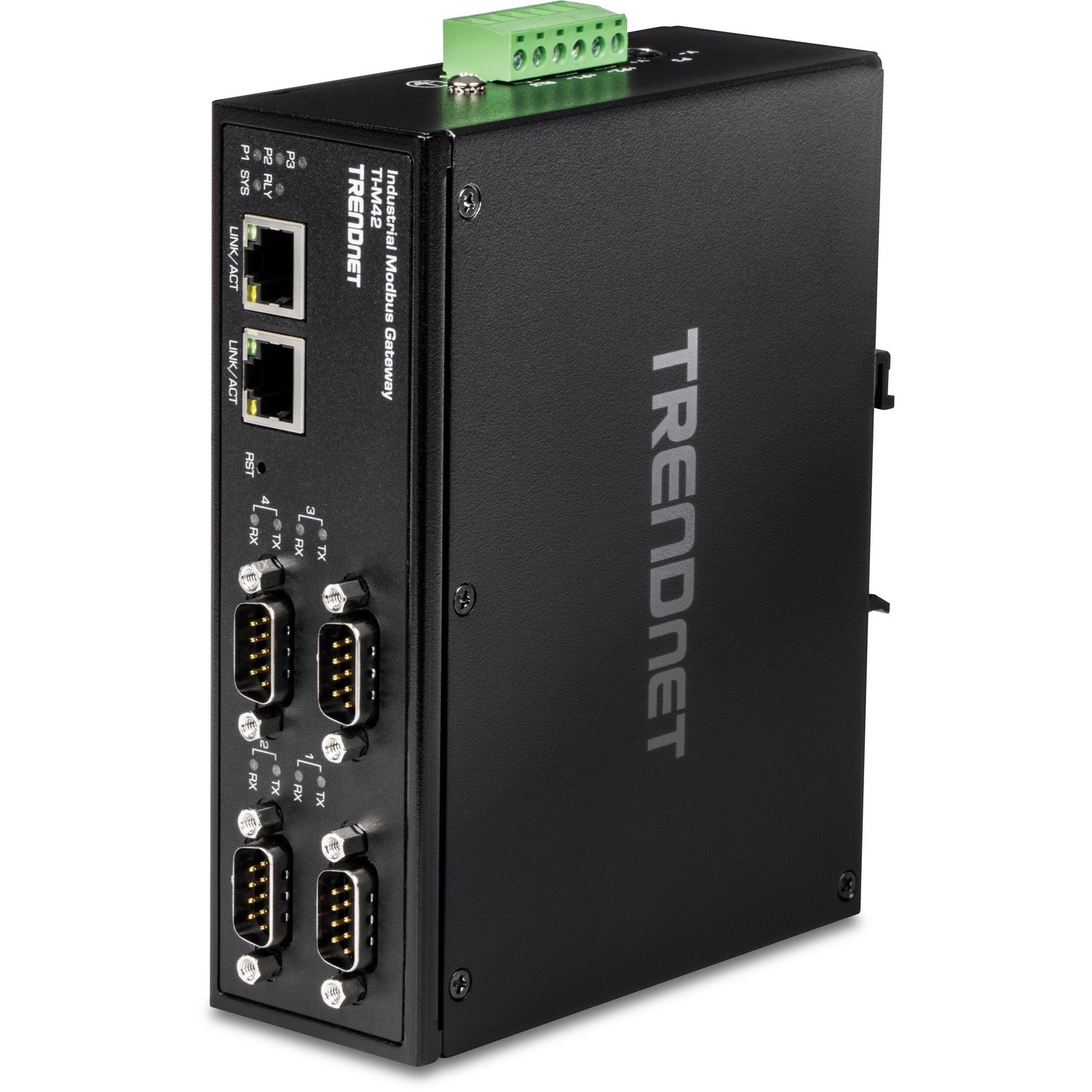 TRENDnet 4-Port Fast Ethernet Industrial Modbus Gateway, 4 x Serial DB-9 Ports, 2 x Fast Ethernet Ports, Up to 100m (328 ft), IP30 Rated Housing, Extreme Temperature Protection, Black, TI-M42