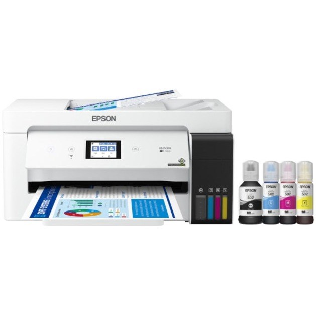 Epson EcoTank ET-15000 Inkjet Multifunction Printer-Color-Copier/Fax/Scanner-Automatic Duplex Print-33000 Pages-270 sheets Input-1200 dpi Optical Scan-Wireless LAN-Epson Connect-Epson iPrint-Mopria