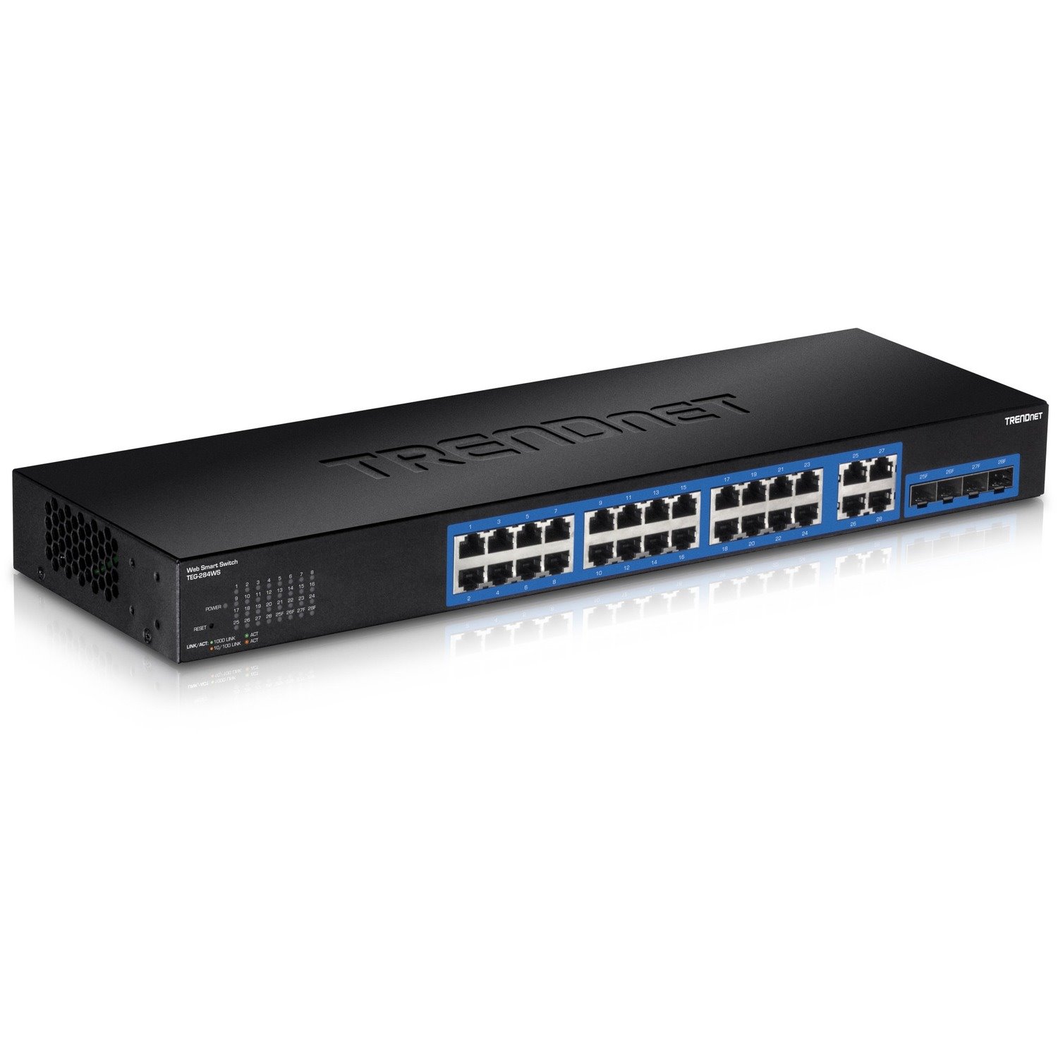 TRENDnet 28-Port Gigabit Web Smart Switch; 24 x Gigabit Ports; 4 x Shared Gigabit Ports (RJ-45/SFP); VLAN; QoS; LACP; IPv6; 56Gbps Switching Capacity; Lifetime Protection; TEG-284WS