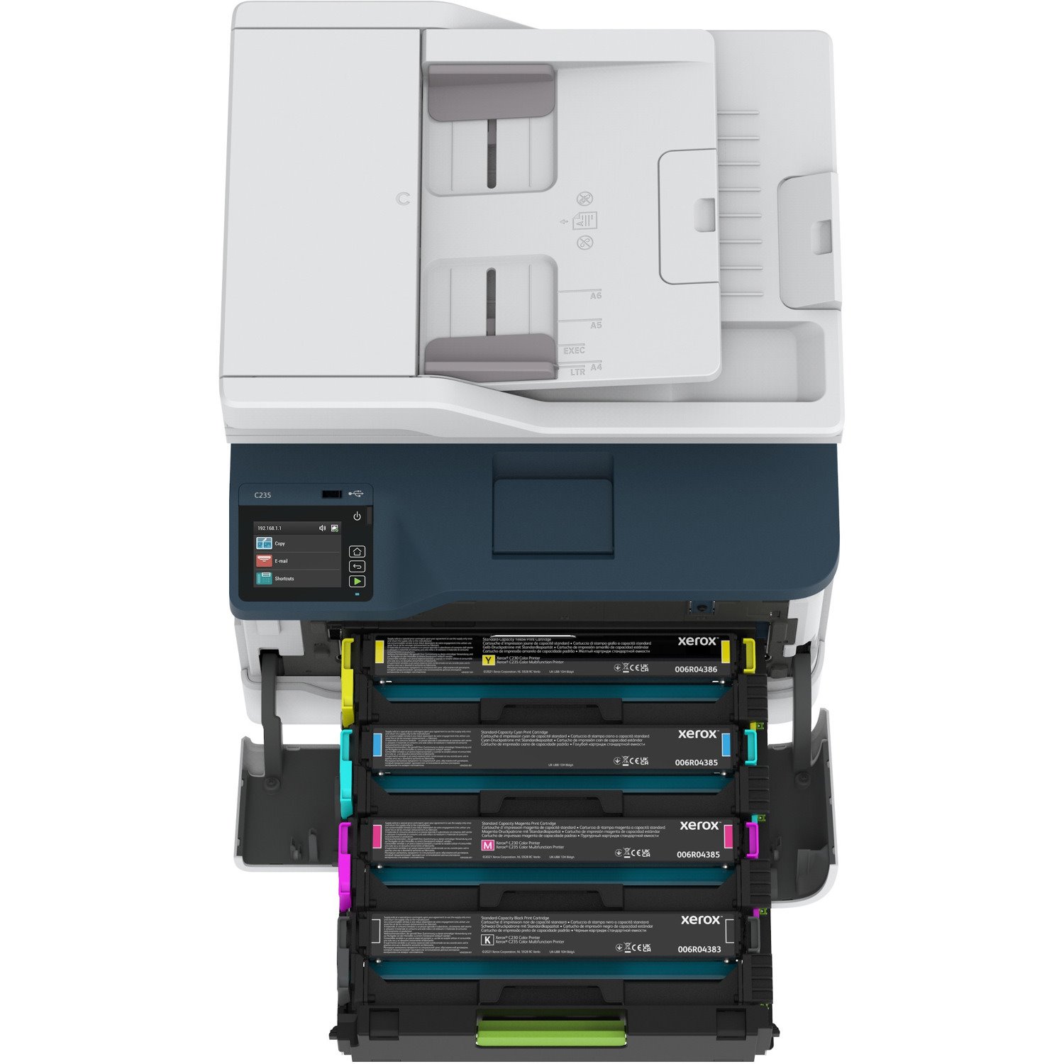 Xerox C235/DNI Laser Multifunction Printer-Color-Copier/Fax/Scanner-24 ppm Mono/24 ppm Color Print-600x600 dpi Print-Automatic Duplex Print-30000 Pages-251 sheets Input-3600 dpi Optical Scan-Wireless LAN-Mopria-Wi-Fi Direct-Chromebook