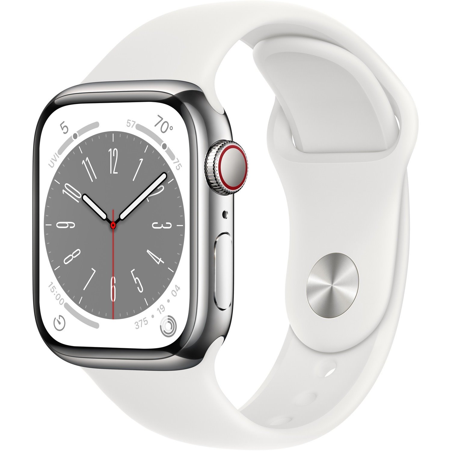 Apple Watch Series 8 Smart Watch - 45 mm Case Height - 38 mm Case Width - Silver Case Color - White Band Color - Stainless Steel Case Material - Fluoroelastomer Band Material - Wireless LAN - LTE, UMTS