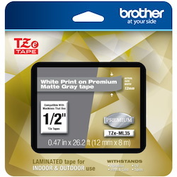 Brother P-touch TZe-ML35 White Print on Premium Matte Gray Laminated Tape 12mm (0.47") wide x 8m (26.2') long