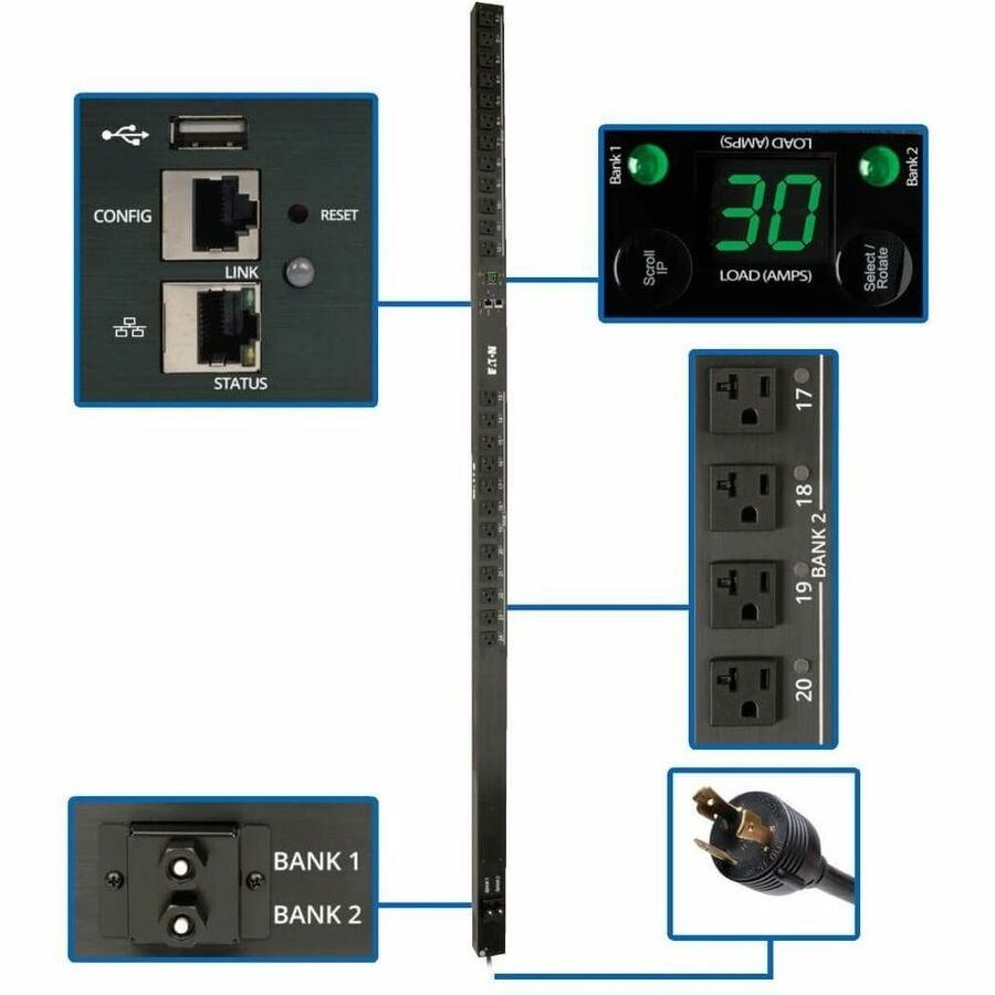 Eaton 2.9kW Single-Phase Switched PDU - LX Interface, 120V Outlets (24 5-15/20R), 10 ft. (3.05 m) Cord with L5-30P, 0U, TAA