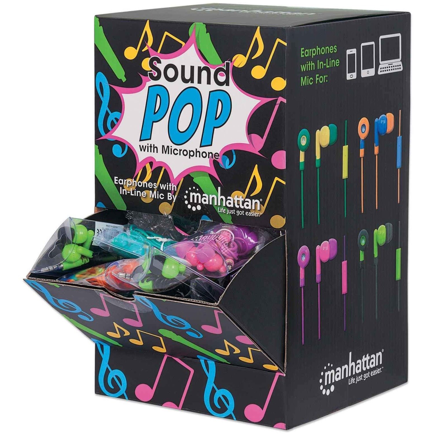 Manhattan x40 Earphones with In-Line Mic, Counter Top Display Pack, x4 colour combinations: Teal/Yellow, Blue/Orange, Pink/Fuschia, Black/Green, 3.5mm Jack, Cable 1m, Cables: Lifetime Warranty