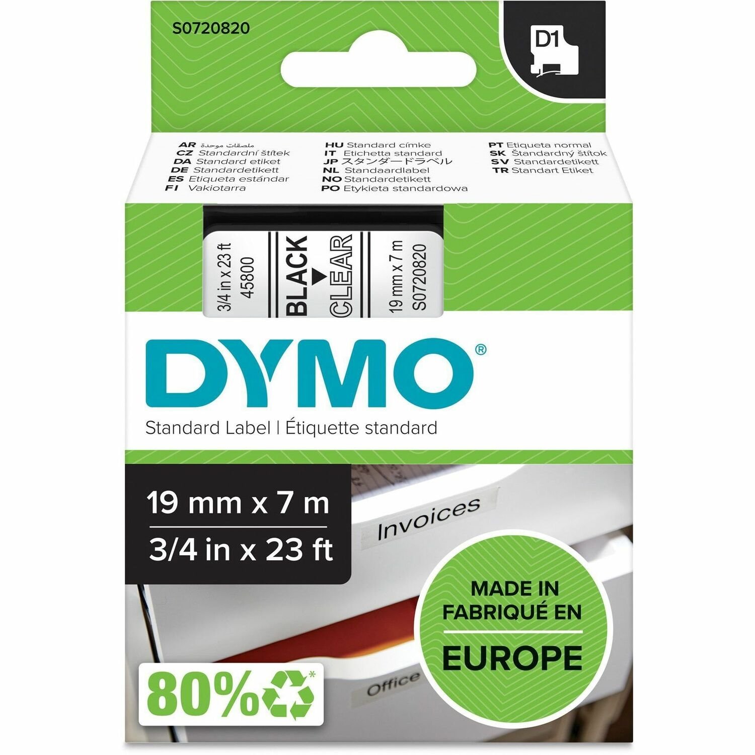 Dymo S0720820 D1 45800 Tape 19mm x 7m Black on Clear