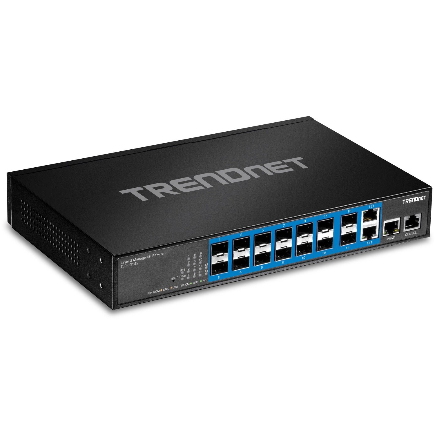 TRENDnet 14-Port Gigabit Managed Layer 2 SFP Switch; TL2-FG142; 2 Shared Gigabit RJ-45 Ports; 12 x SFP Slots 100/1000Mbps; 28Gbps Switching Capacity; VLAN; QoS; LACP; IPv6 Support; Lifetime Protection