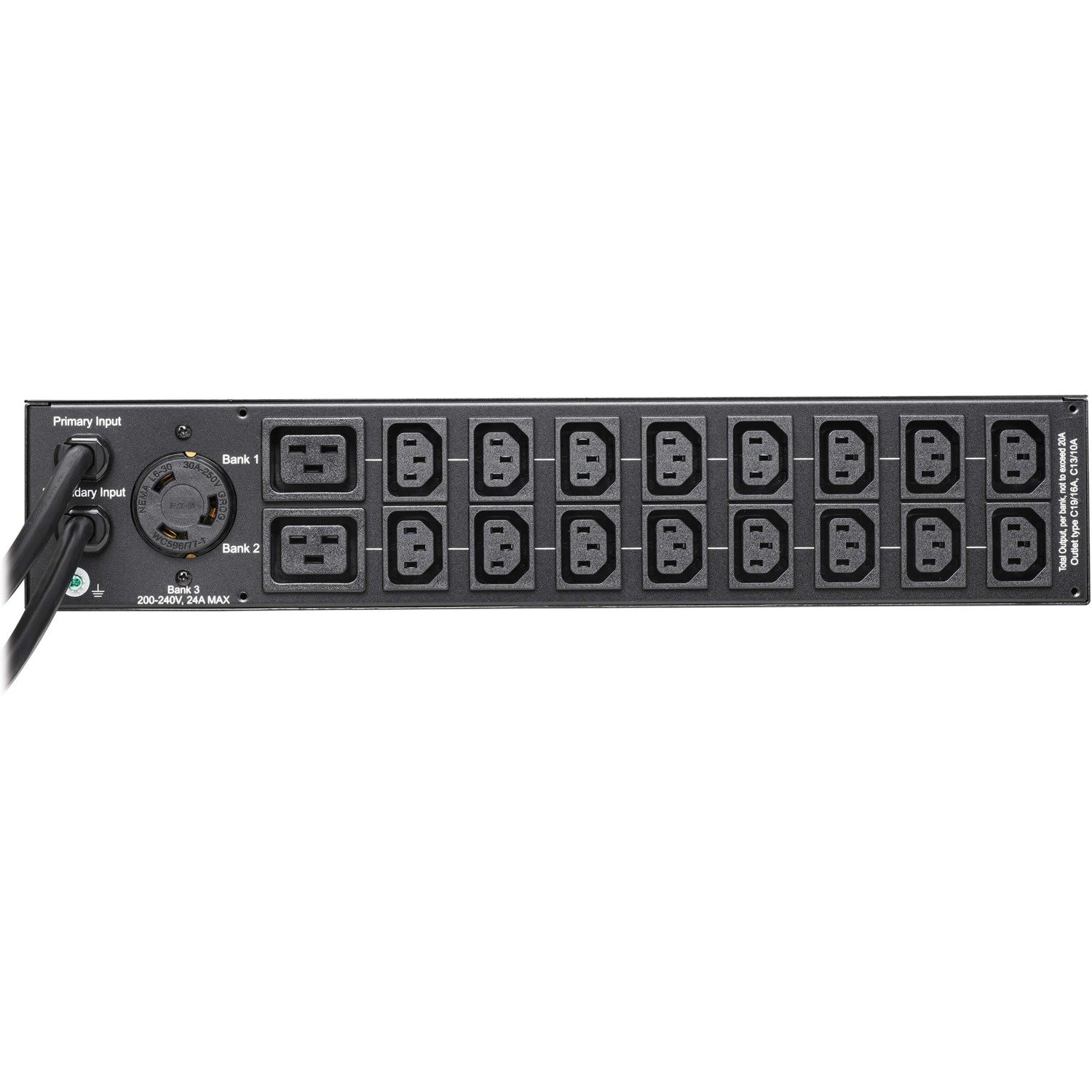 Eaton Tripp Lite Series 5.8kW 208/240V Single-Phase ATS/Monitored PDU - 16 C13, 2 C19 & 1 L6-30R Outlets, Dual L6-30P Inputs, 10 ft. Cords, 2U, TAA