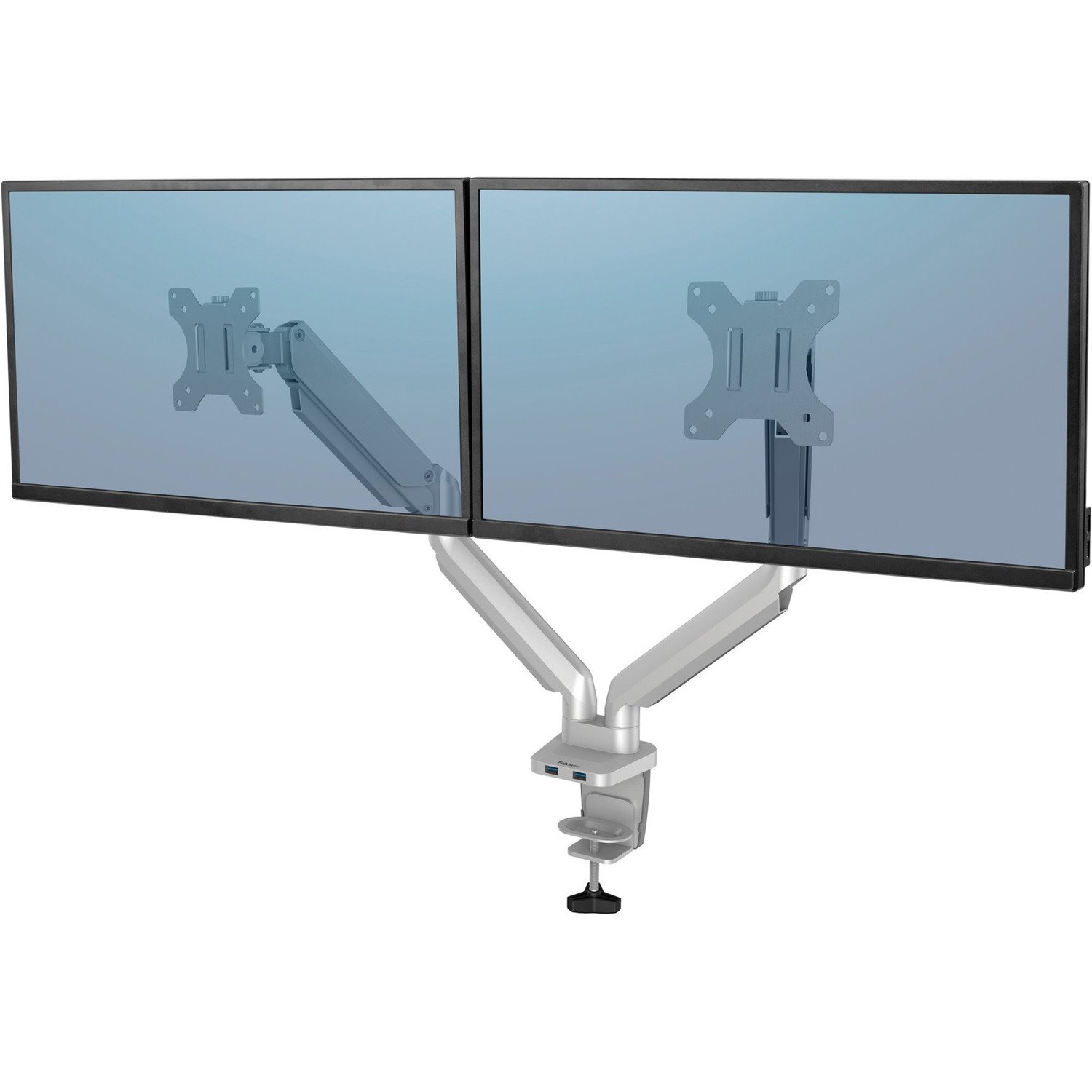 Fellowes Platinum Series High Quality Dual Monitor Arm for 32-Inch Monitors, Full Motion, 360&deg; Rotation, VESA Mount with Grommet or Clamp, USB Ports, Ergonomic, Silver