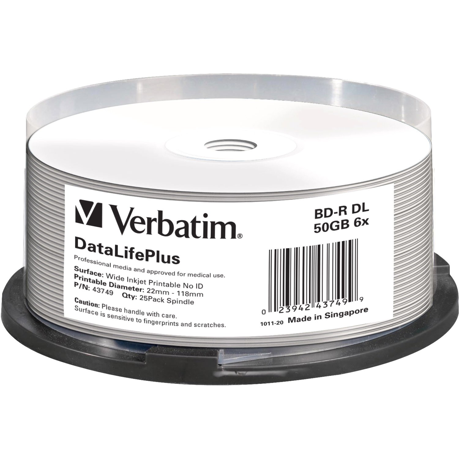 Verbatim DataLifePlus 43749 Blu-ray Recordable Media - BD-R DL - 6x - 50 GB - 25 Pack Spindle