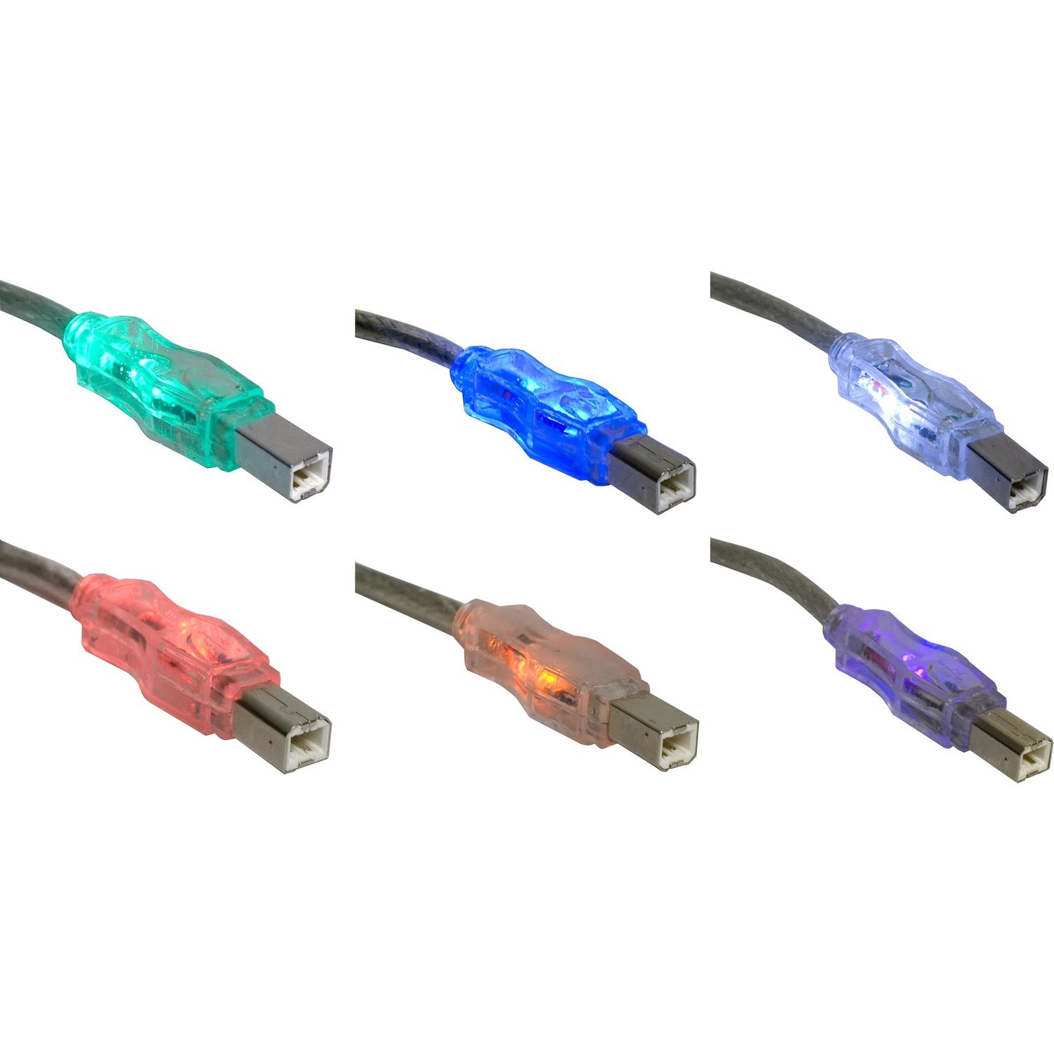 QVS USB 2.0 480Mbps Type A Male to B Male Translucent Cable with Multi-color LEDs