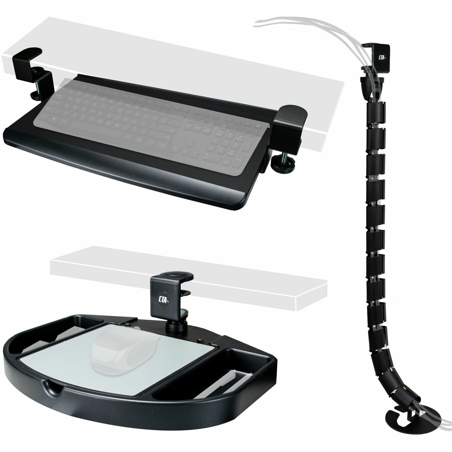 CTA Digital Desk Add-on Bundle with Keyboard Tray, Desk Organizer, and Cable Routing Column