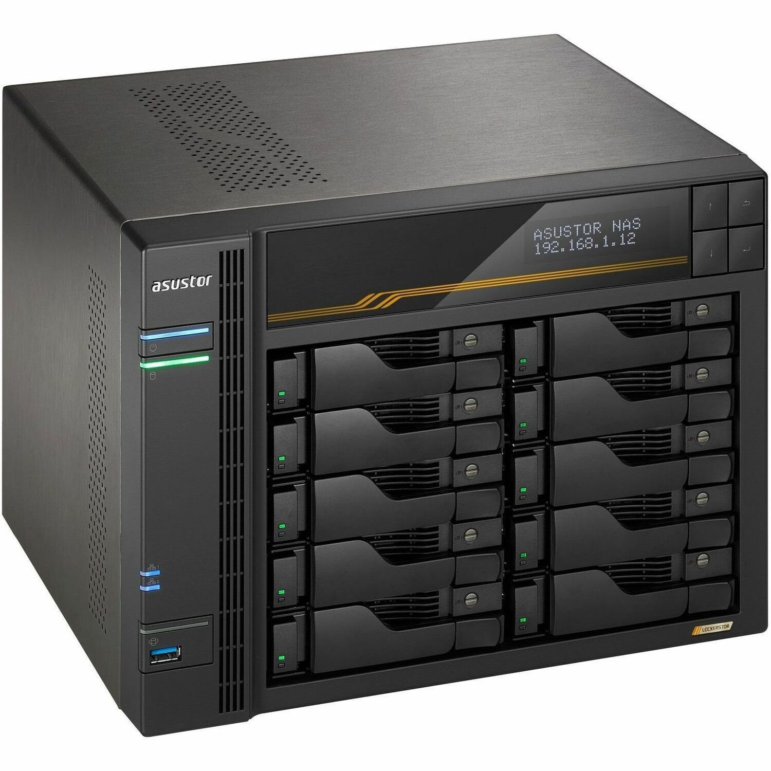 Asustor Lockerstor 10 Gen3 AS6810T 10 Bay NAS, AMD Ryzen Quad-Core 2.3 GHz, 16GB RAM ECC DDR5, 4 M.2 NVMe Slots, Dual 5GbE and Dual 10GbE Port, USB4 Type-C, Network Attached Storage (Diskless)