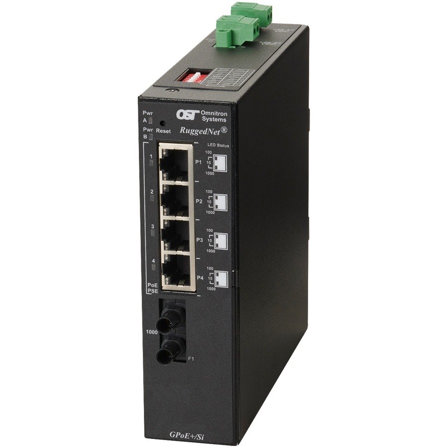 Omnitron Systems RuggedNet Unmanaged Industrial Gigabit PoE+, SM ST, RJ-45, Ethernet Fiber Switch