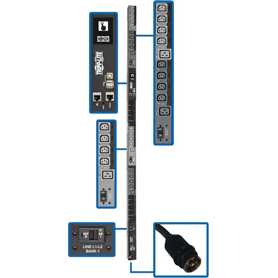 Tripp Lite by Eaton 14.5kW 200-240V 3PH Switched PDU - LX Interface, Gigabit, 30 Outlets, Hubbell CS8365C Input, LCD, 1.8 m Cord, 0U 1.8 m Height, TAA